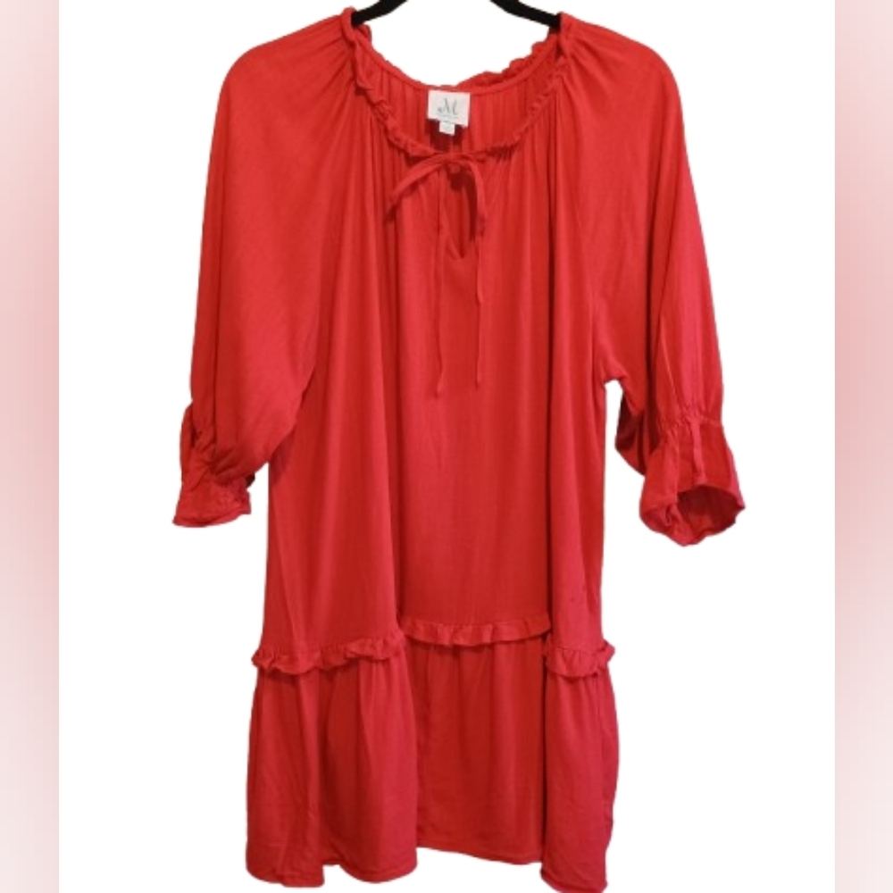 M Shopthemint Women’s Size M Red Linen Cotton Ruffle Peasant Tunic Dress Boho - Picture 3 of 13